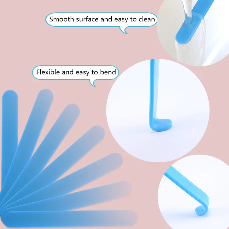 Blue reusable silicone stir sticks shown with features like a smooth surface and flexibility for mixing resin or paint.