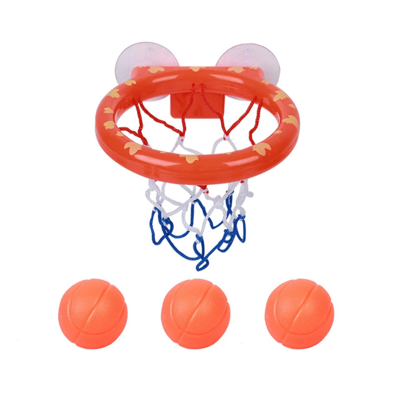 An orange bath time basketball hoop set with a ring and three small orange balls for toddlers.