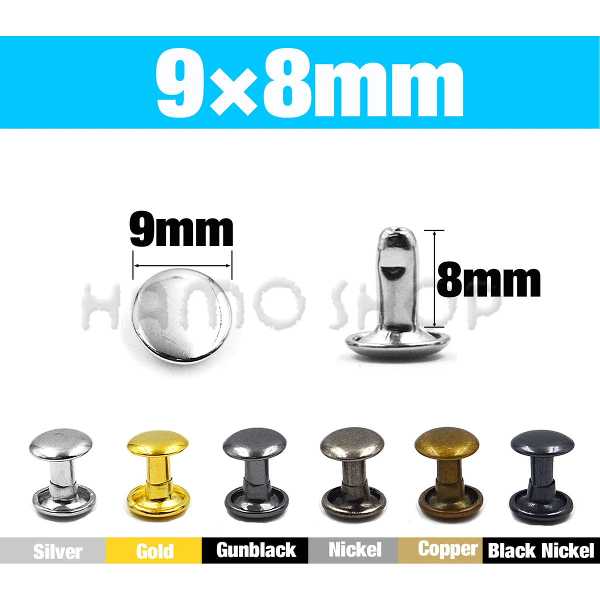 A set of metal double cap rivets in various finishes including silver, gold, gunblack, nickel, copper, and black nickel.