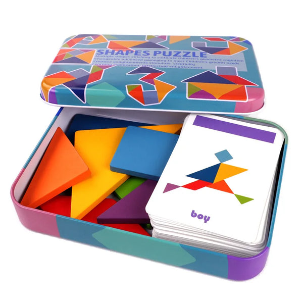 A box of colorful wooden puzzle blocks with a lid open, showing various geometric shapes.
