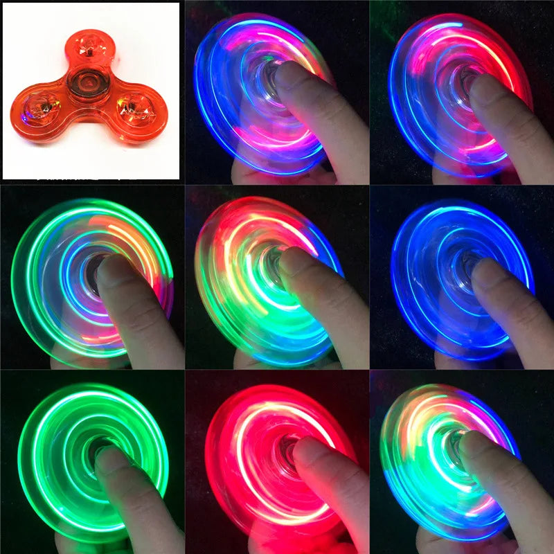 A series of images showing a glow-in-the-dark LED fidget spinner rotating and emitting various colors like blue, green, and r