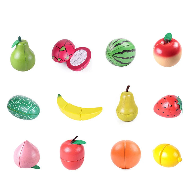 A set of magnetic wooden fruit and vegetable cutting toys including apples, pears, and other produce shapes.