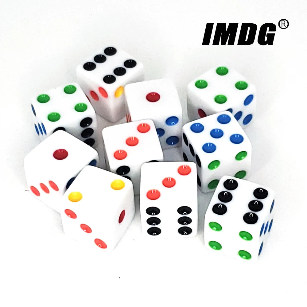 Classic White Acrylic Dice Set – 16mm with Colorful Dots