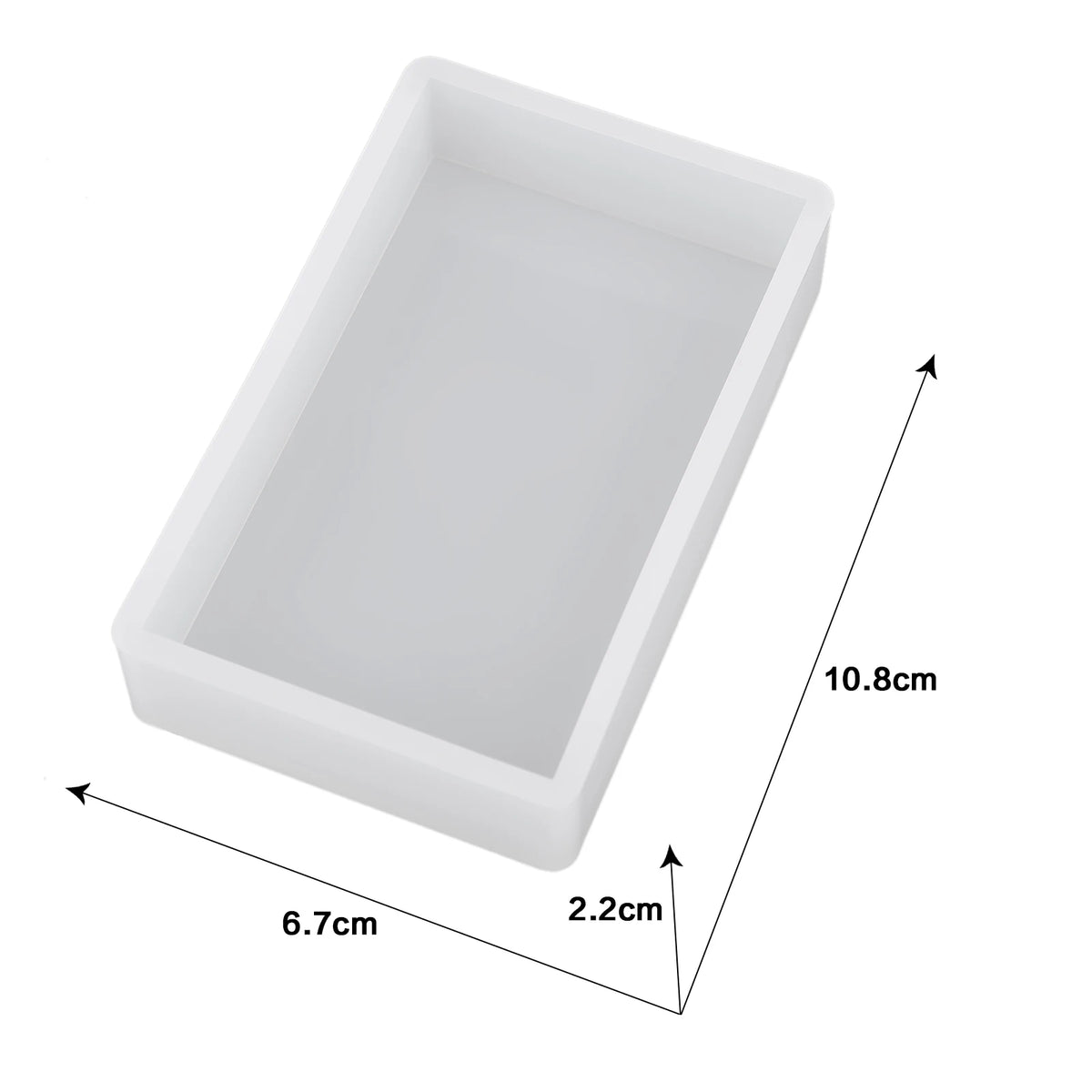 A white rectangular resin casting mold with dimensions 10.8cm long, 6.7cm wide, and 2.2cm high.