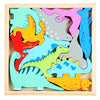 A wooden 3D puzzle board featuring colorful cartoon animals and fruit shapes for toddlers.