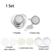 A set of baby pacifiers and a chain clip with rhinestone accents, including adhesive discs and bubble covers.