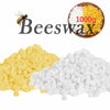 A bowl of yellow beeswax and a pile of white beeswax, labeled as Beeswax.