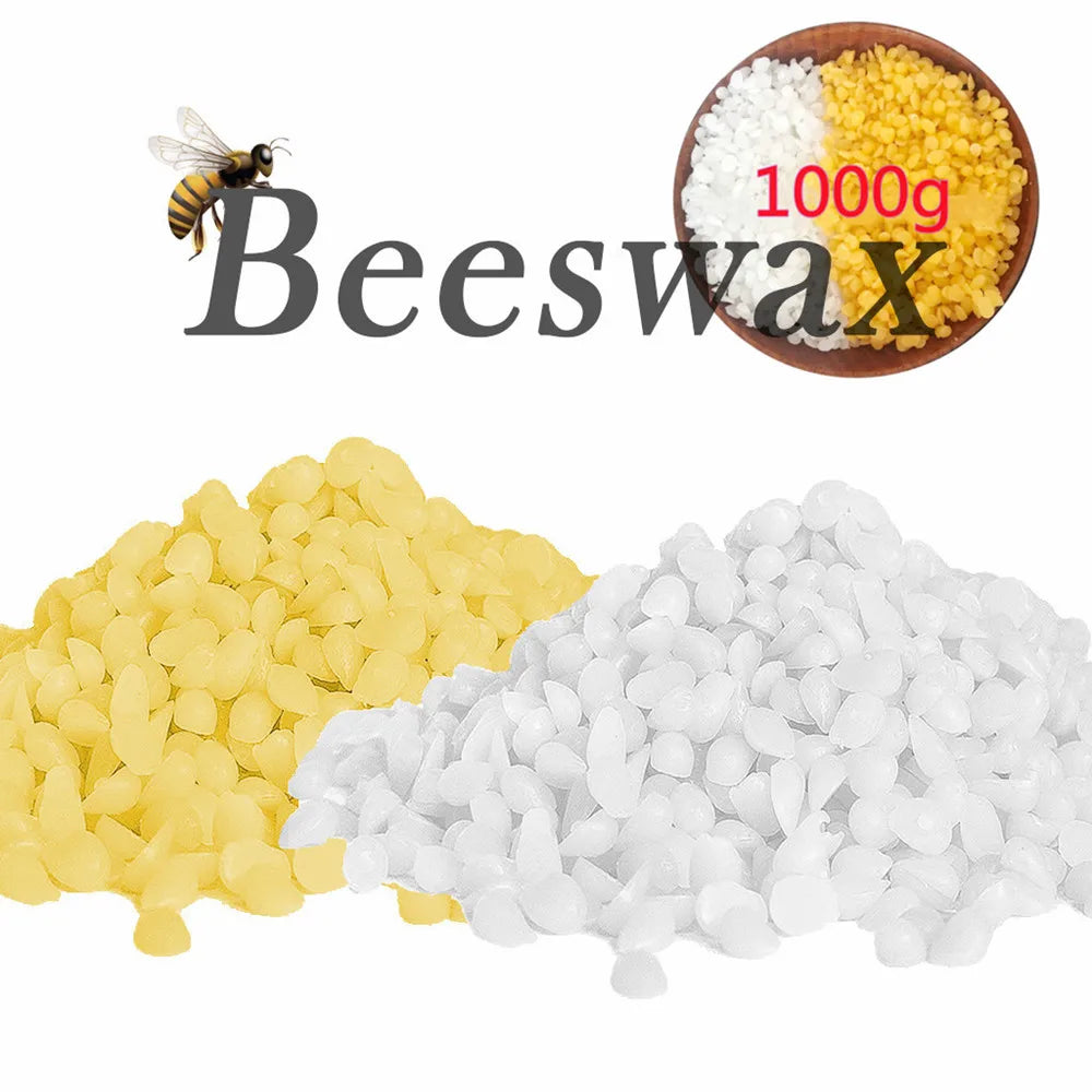 A bowl of yellow beeswax and a pile of white beeswax, labeled as Beeswax.
