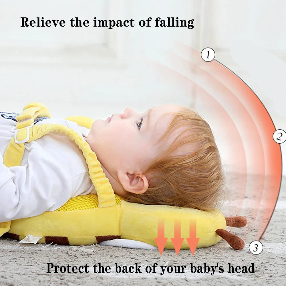 Sac à dos de protection ajustable jaune protégeant la tête d'un bébé lors d'une simulation de chute.