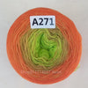 A spool of orange yarn labeled A271 with a green core visible.