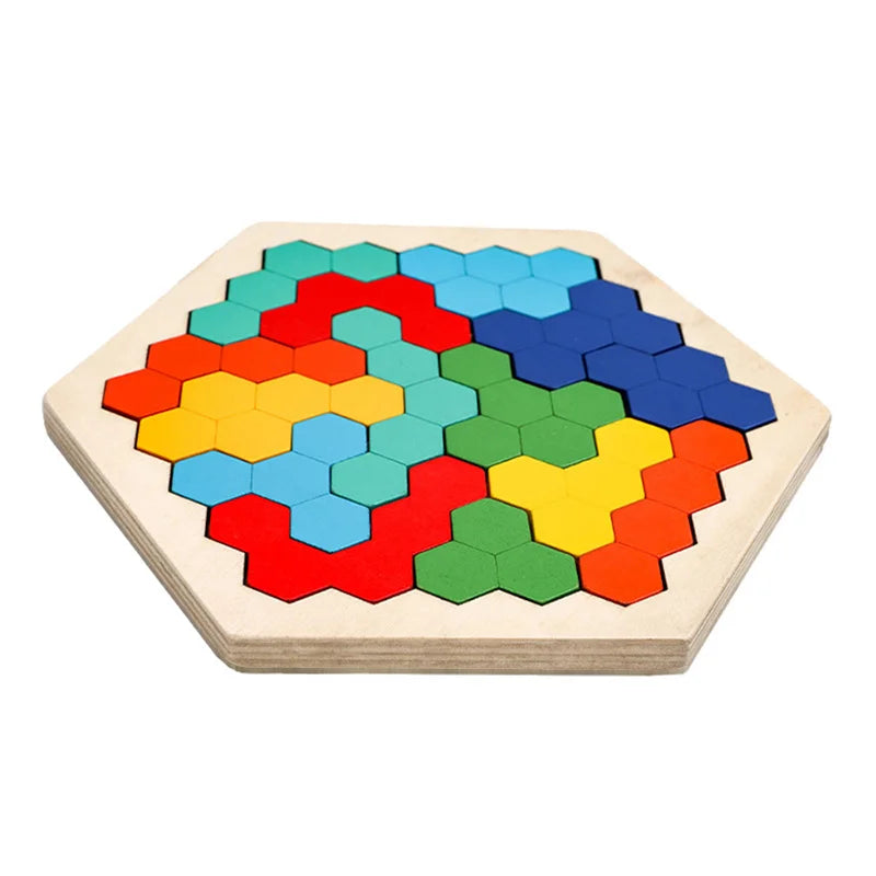 A wooden tangram puzzle board with colored hexagonal pieces arranged in an octagonal shape.
