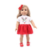 A handmade doll dress for an 18-inch American Girl doll featuring a white top with reindeer details and a red skirt.