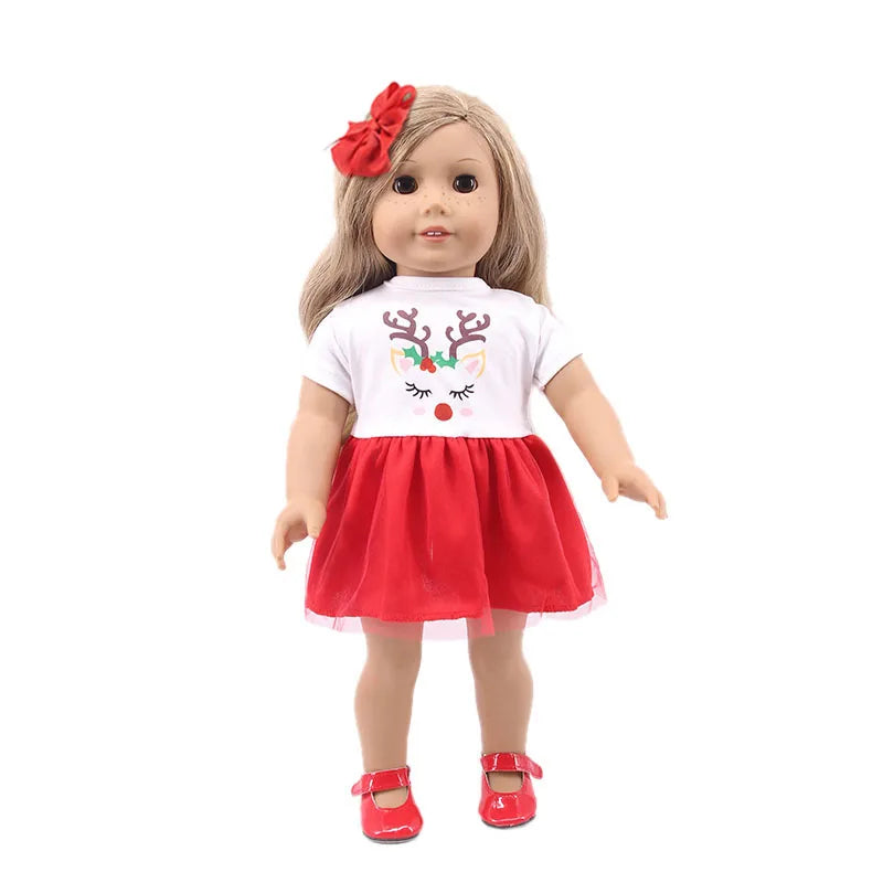 A handmade doll dress for an 18-inch American Girl doll featuring a white top with reindeer details and a red skirt.