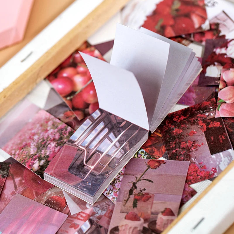 A collection of aesthetic landscape stickers and art designs in various shades of pink, red, and maroon for scrapbooking.