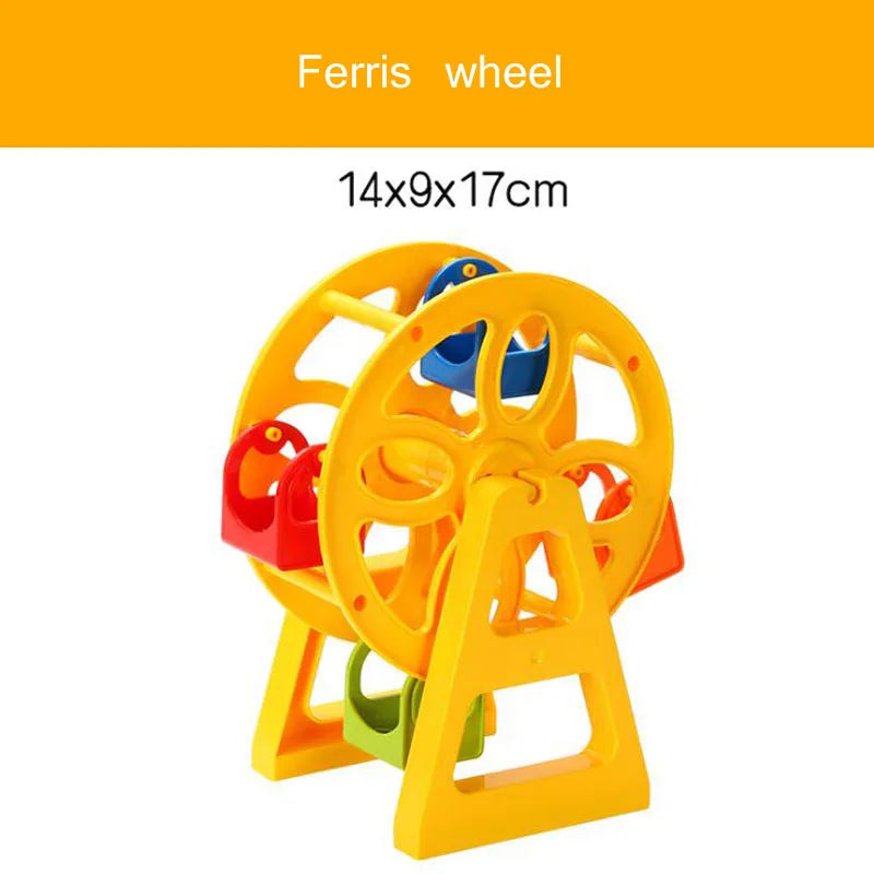 Yellow Ferris wheel toy with a wooden train track accessory set.
