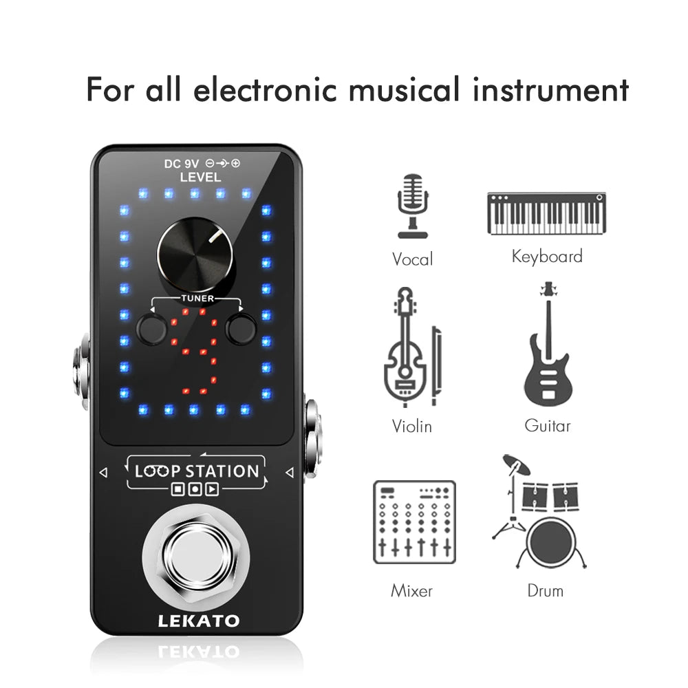 Black LEKATO looper guitar pedal with tuner and controls for various musical instruments