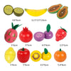 A set of wooden magnetic fruit and vegetable cutting play pieces in various colors and shapes.