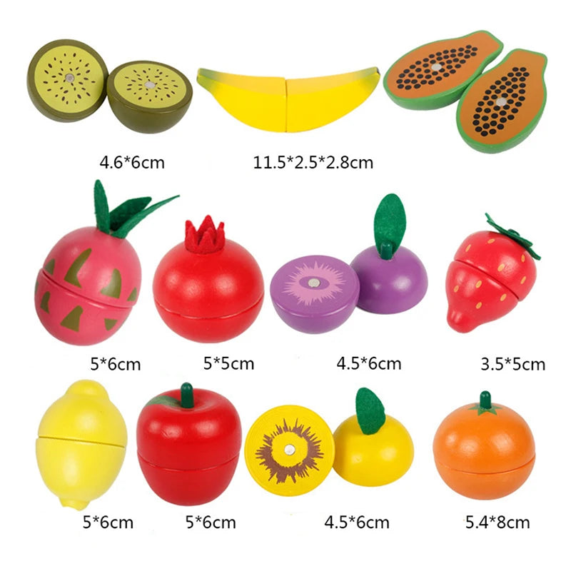 A set of wooden magnetic fruit and vegetable cutting play pieces in various colors and shapes.