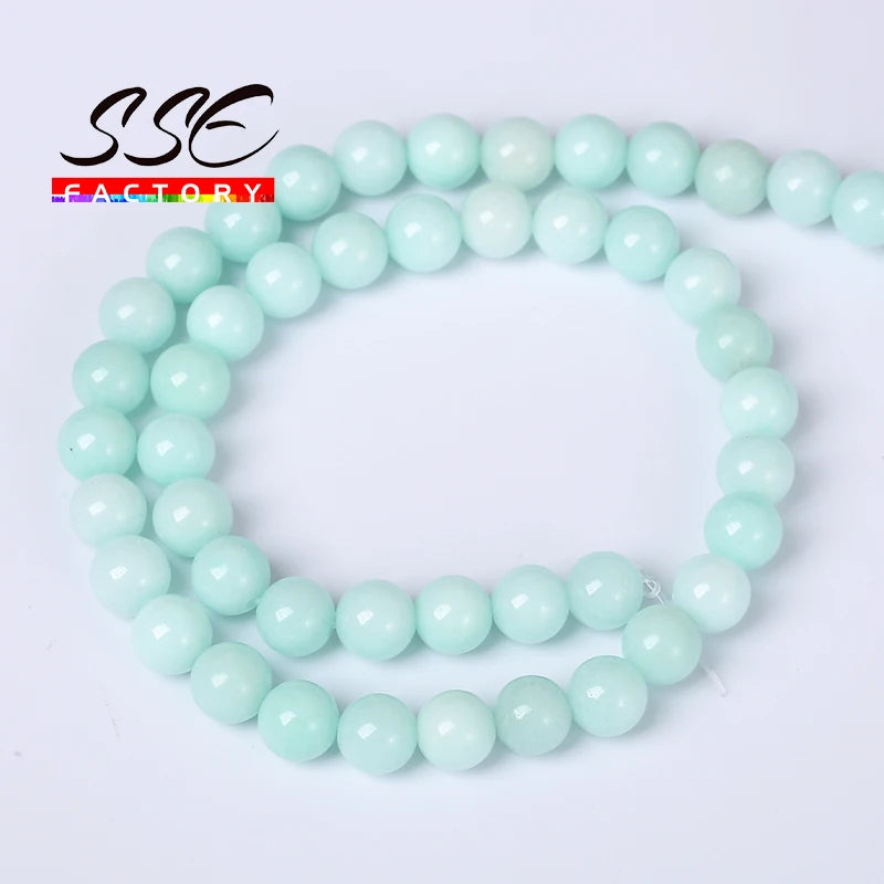 A strand of light blue natural Amazonite round beads for jewelry making