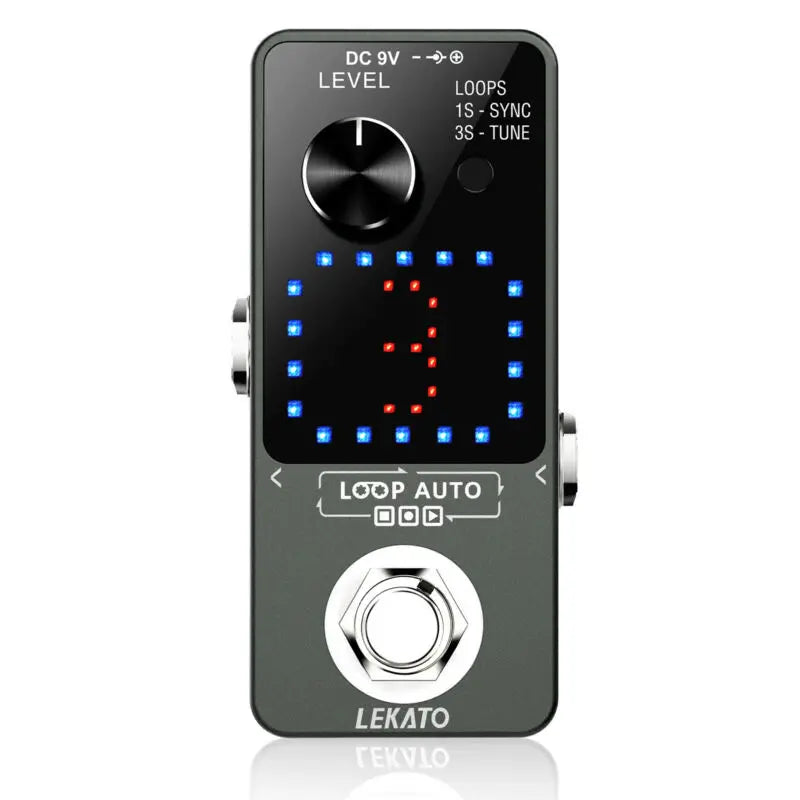 A compact looper pedal with a black body, LED display, and tuning controls.