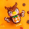 A detailed build of a brown and white animal face made from LEGO bricks on an orange background.