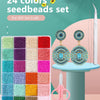 A set of 24 colors of glass seed beads for DIY craft, including storage trays and finished jewelry pieces.