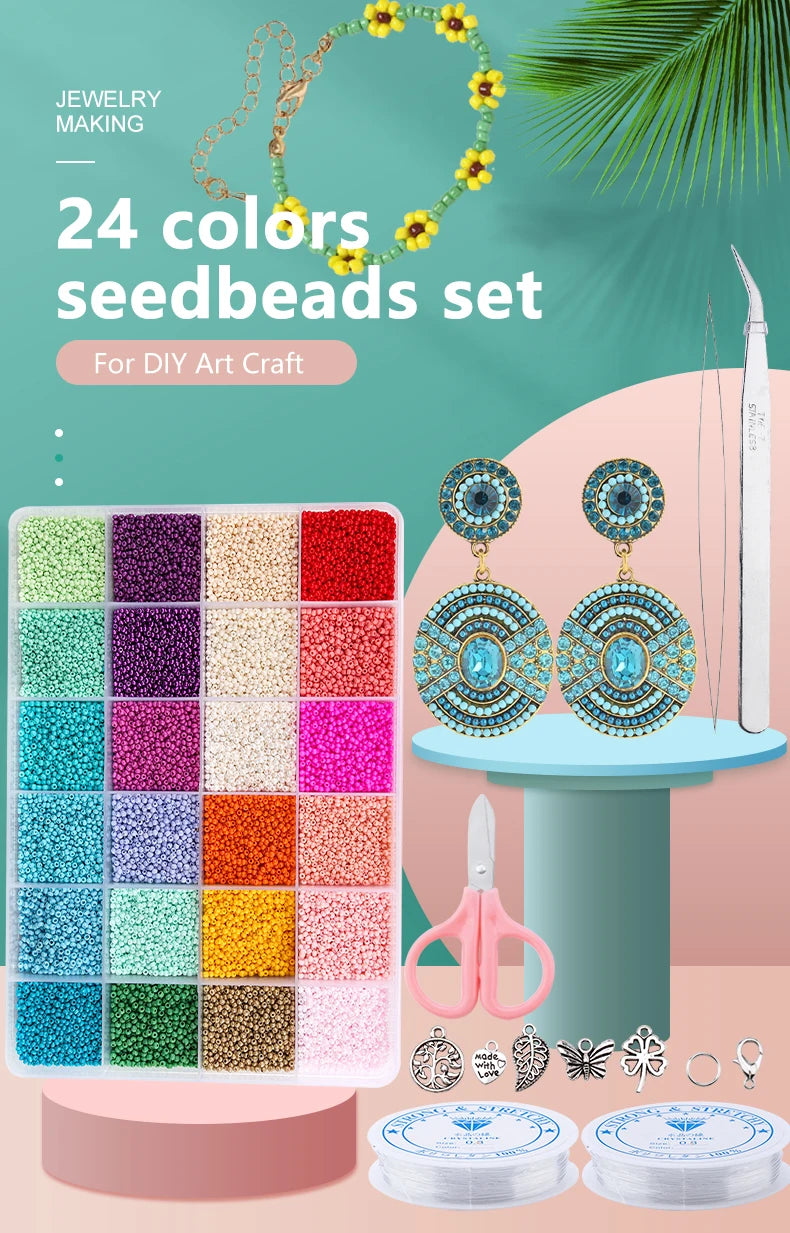 A set of 24 colors of glass seed beads for DIY craft, including storage trays and finished jewelry pieces.