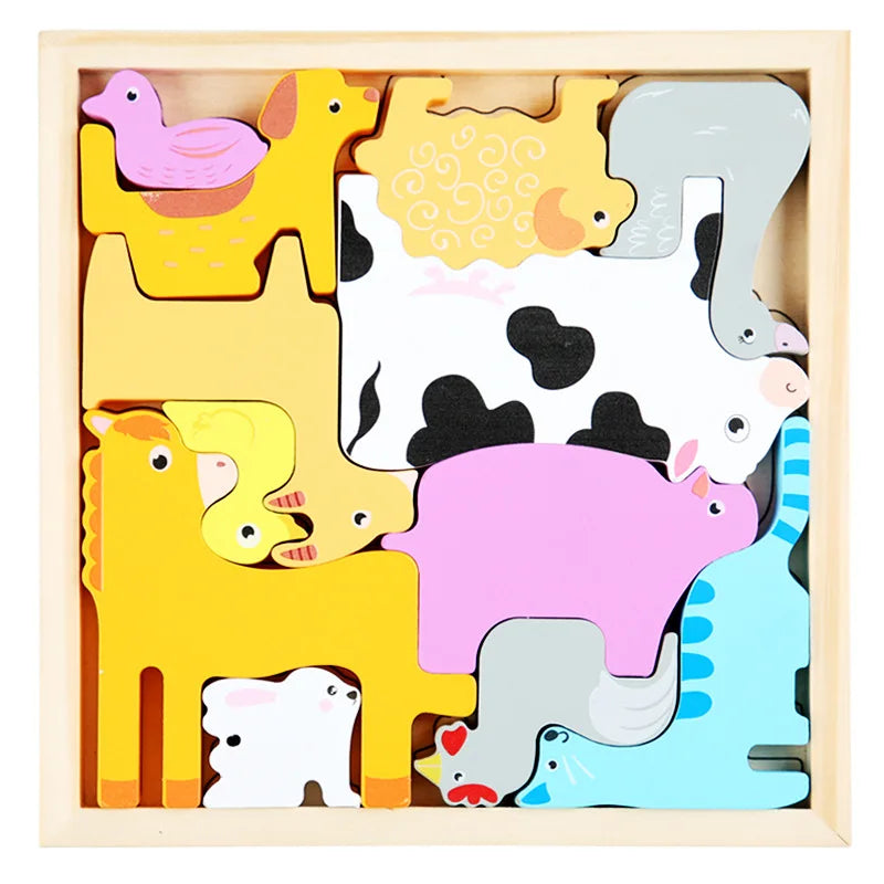 A wooden 3D puzzle board featuring various cartoon animals and fruit shapes for toddlers.
