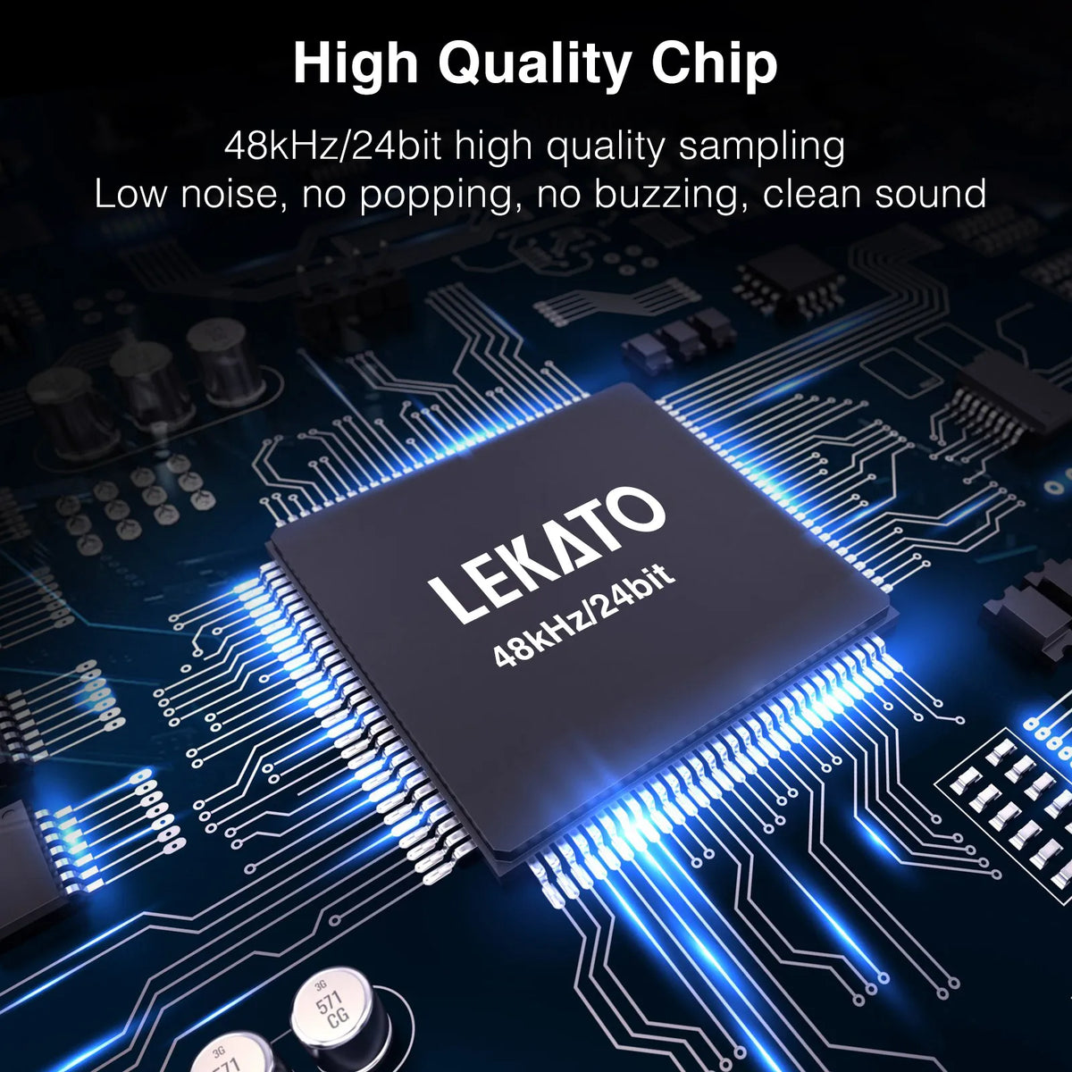 A high quality chip labeled LEKATO is shown mounted on a blue electronic circuit board.