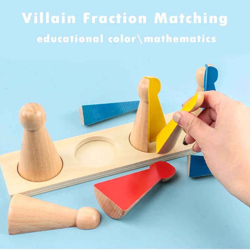 A hand is shown matching wooden fraction pieces, including spindles and geometric shapes, for educational math learning.