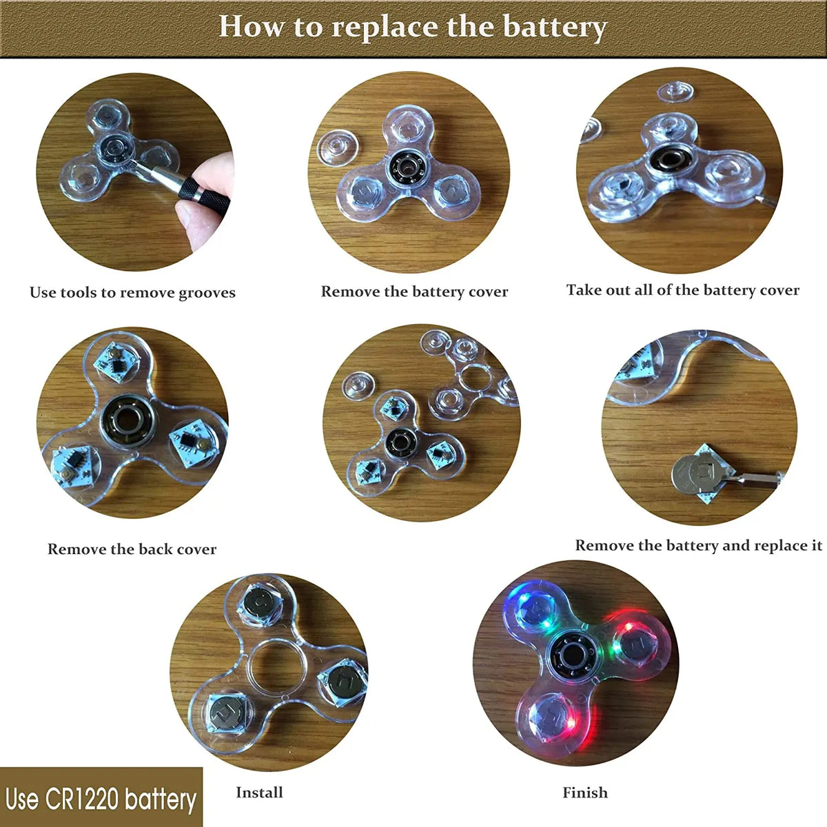 Step-by-step guide showing how to replace the battery in a glow-in-the-dark LED fidget spinner.