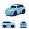 A light blue line-following robot car toy with black roof and yellow accents shown from the side and back.