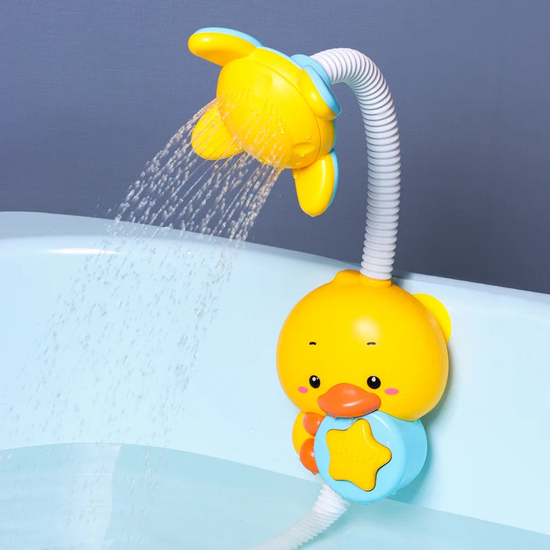 A yellow duck bath toy set with a sliding track pouring water into a bathtub.