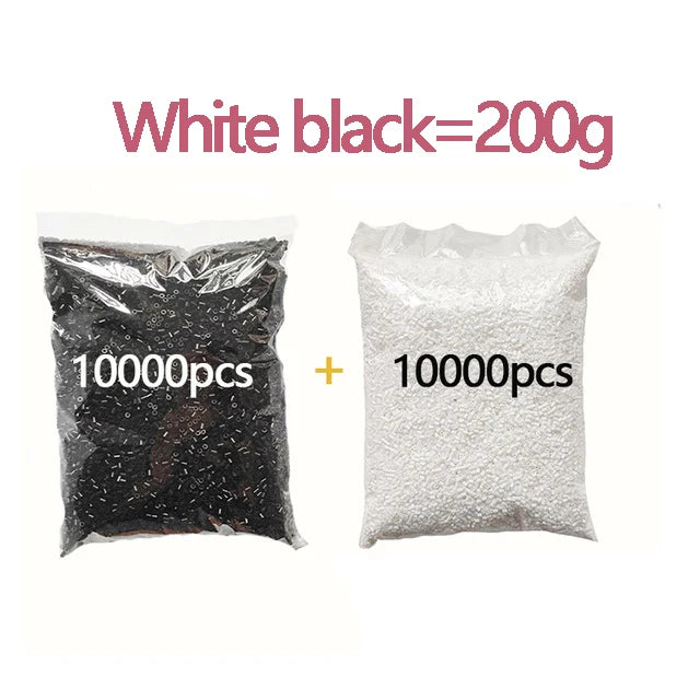 A bag of black beads and a bag of white beads labeled as 10000 pieces each for creative fuse beads kit