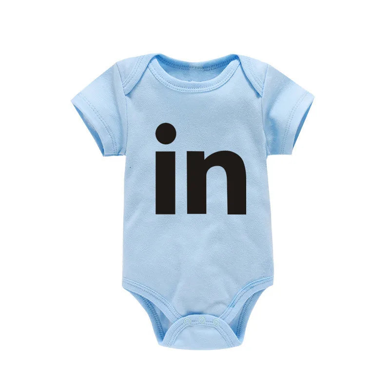 Light blue letter print cotton baby bodysuit with black 'in' text
