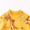 A yellow kids dinosaur print pullover sweatshirt featuring various dinosaur illustrations.