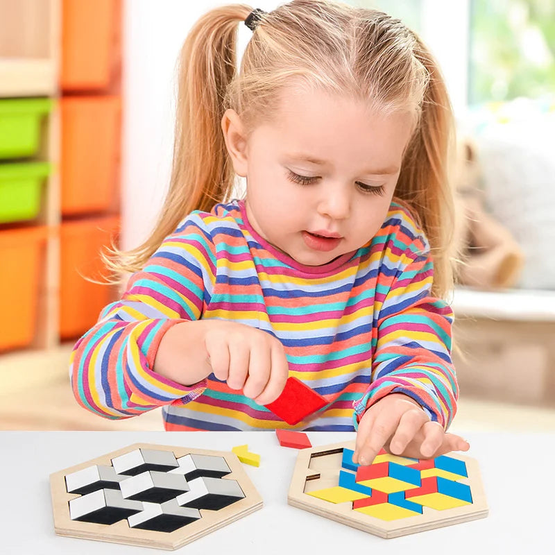A young girl is assembling a wooden tangram puzzle board with colored pieces on a white surface.