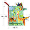 A colorful cloth book featuring jungle animals like an elephant, tiger, and giraffe with soft animal tails for baby sensory d