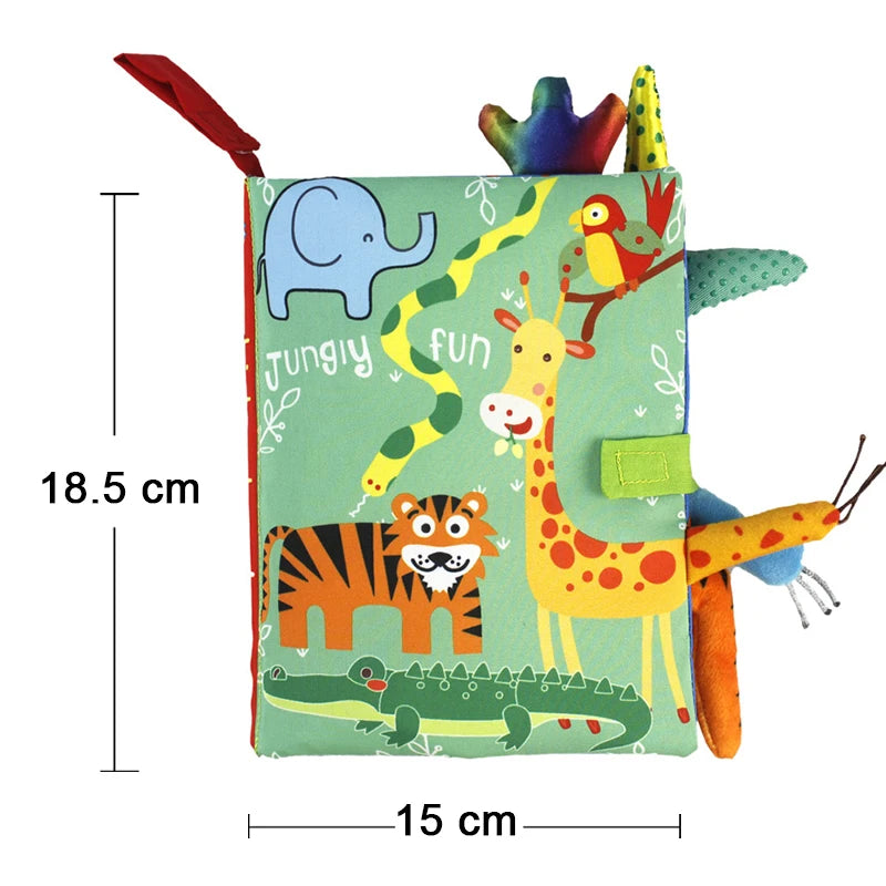 A colorful cloth book featuring jungle animals like an elephant, tiger, and giraffe with soft animal tails for baby sensory d