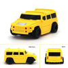 Yellow line-following robot car toy with a black pen shown from the side and back.