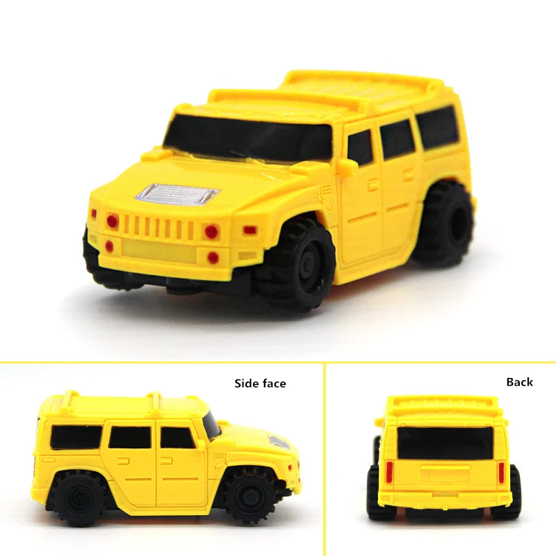 Yellow line-following robot car toy with a black pen shown from the side and back.