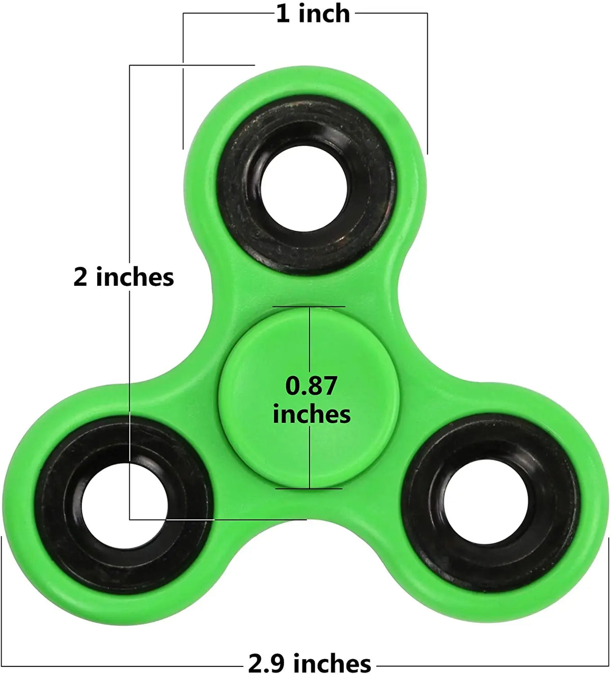 A green ABS tri-spinner fidget toy with black rings, measuring 2.9 inches long.