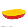 A red and yellow plastic tray with numerous small, round holes for building blocks.