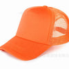 An orange trucker hat with a mesh back and an adjustable snapback closure.