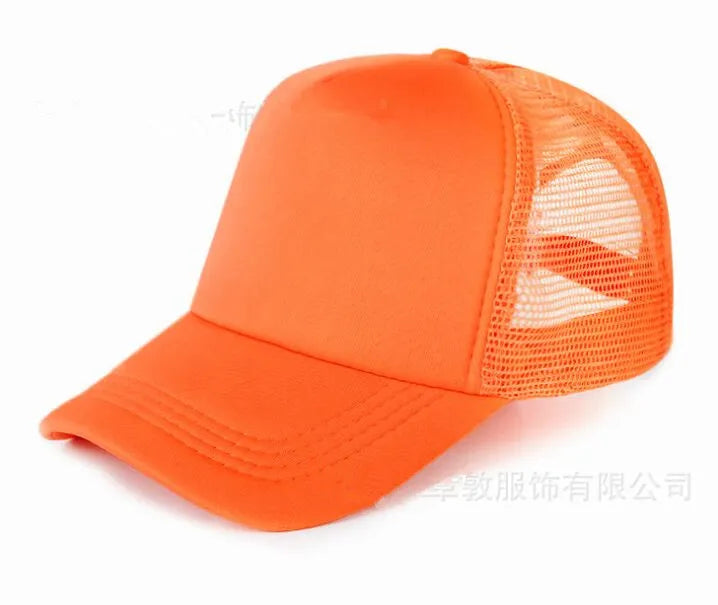 An orange trucker hat with a mesh back and an adjustable snapback closure.