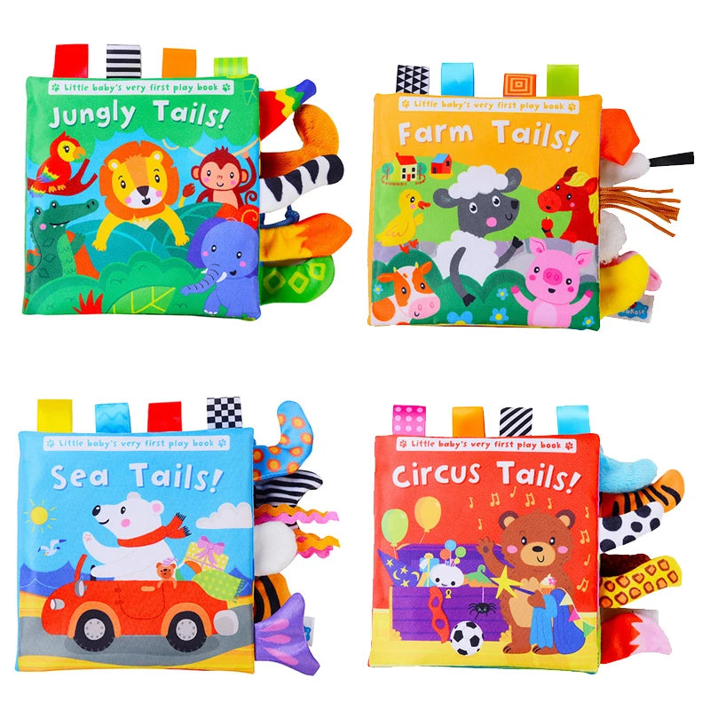 A set of colorful cloth books featuring jungle, farm, sea, and circus animal tails for baby sensory development.