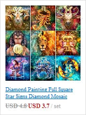 A set of 5D diamond painting kits featuring various star signs and floral landscapes.