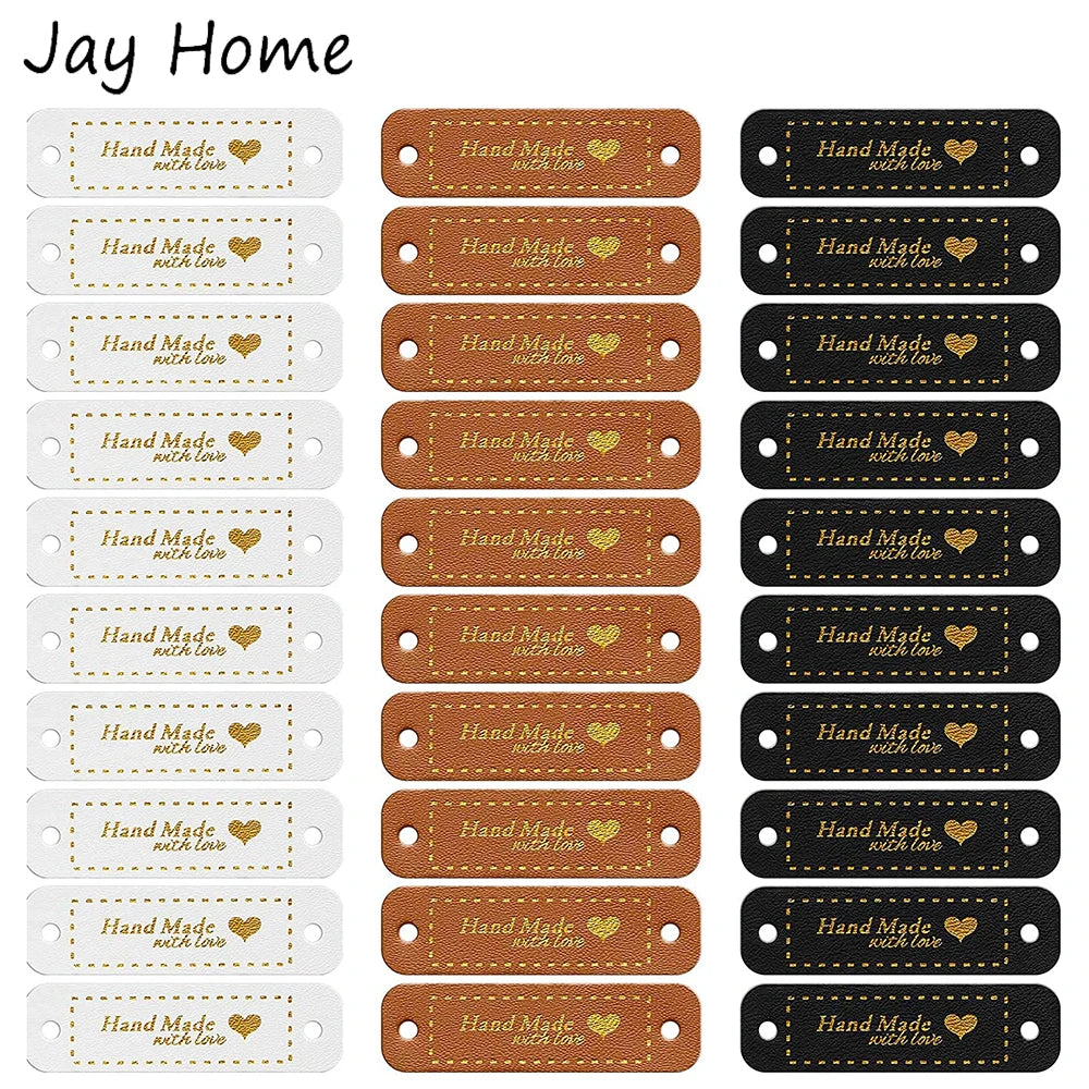 Handmade PU Leather Sew-On Labels with Love Heart Design (Set of 30)