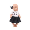 A handmade doll dress for an 18-inch American Girl doll featuring a white top with a panda design and a black skirt.