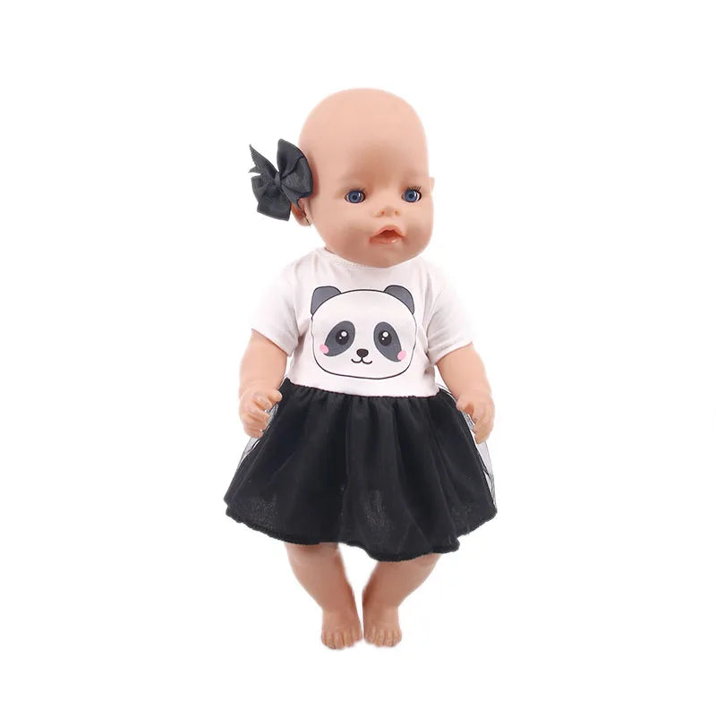 A handmade doll dress for an 18-inch American Girl doll featuring a white top with a panda design and a black skirt.